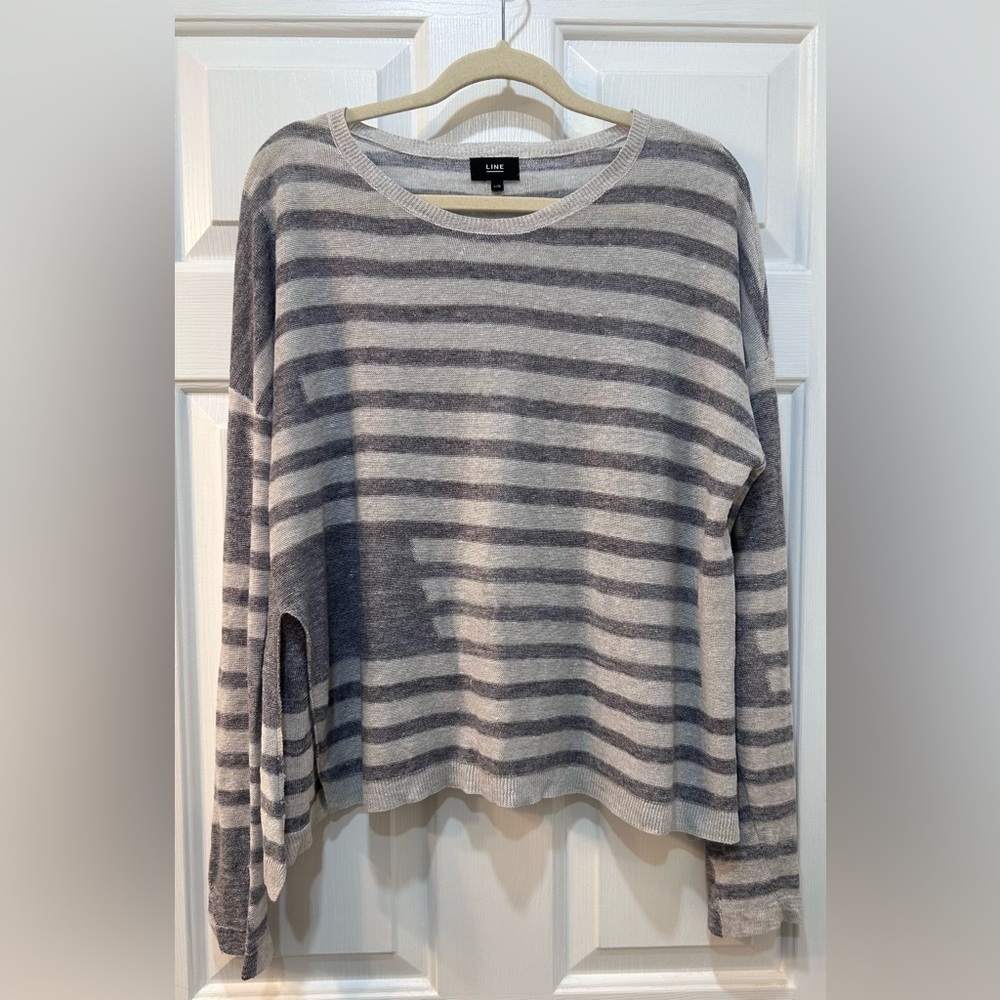 LINE The Label 100% Linen Lightweight Sweater Women Sz L Striped Boxy Oversized